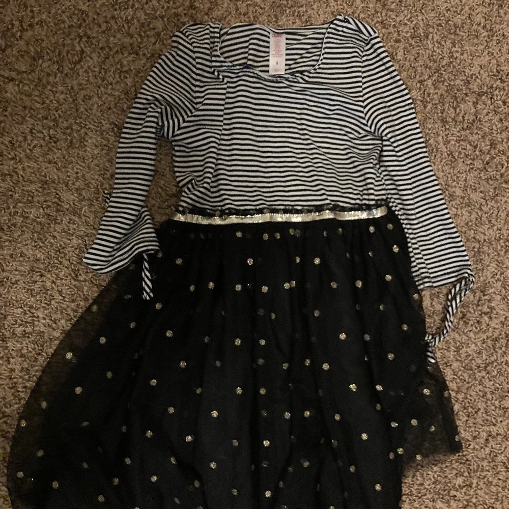 Justice Black and White Striped Dress with Tulle Polka Dot Skirt 10 Long Sleeves
